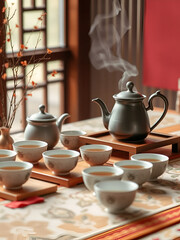 Fototapeta premium chinese tea ceremony, chinese tea set on a table, set for a mid-autumn festival tea ceremony, complete with teapot and cups for a festive celebration