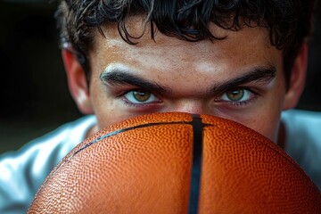 Focused young man intensely staring over an orange basketball with textured surface, showing determination and concentration