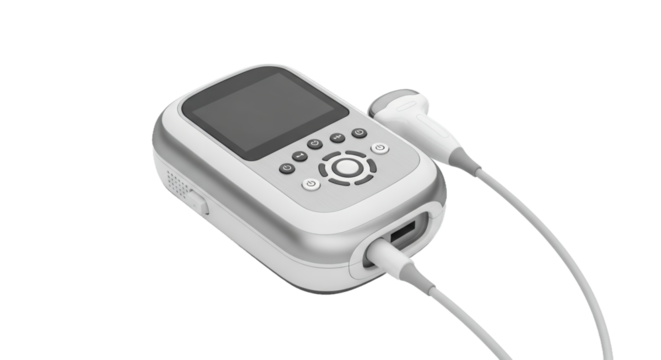 Medical Diagnostic Instrument with Screen and Probe in White and Gray on Transparent Background