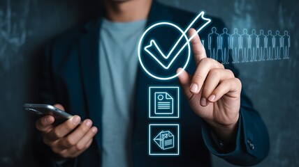 Person with phone touching large checkmark and document icons checklist approval