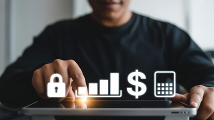 Person using tablet with financial and security icons including padlock and dollar sign finance