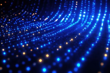 Fototapeta premium Close-up of blue and orange glowing dots arranged in curved grid patterns on a dark surface, creating a futuristic and dynamic light effect