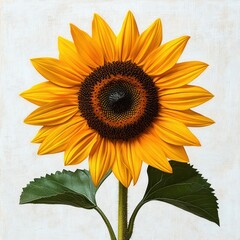 Naklejka premium Close-up of a vibrant sunflower with bright yellow petals and dark center against a light textured background