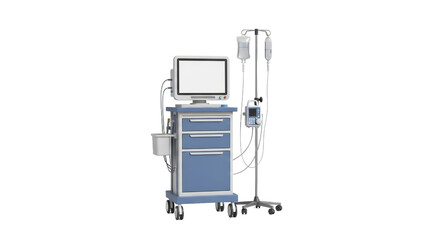 Medical Equipment Set with Light Blue Drawers a Monitor on Wheels and IV Bags on Stand Against a Clean White Background in Professional Studio Shot
