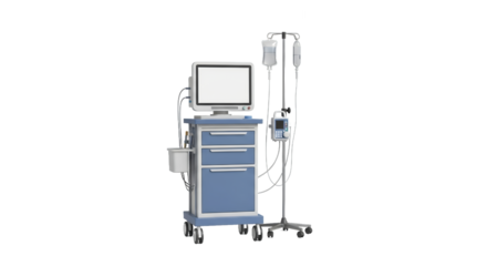 Medical Equipment Set with Light Blue Drawers a Monitor on Wheels and IV Bags on Stand Against a Clean White Background in Professional Studio Shot