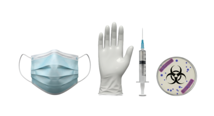 Medical Equipment Showcase Surgical Mask Sterile Glove Syringe and Petri Dish with Biohazard Symbol on Transparent Background Prepared for Medical Research and Analysis
