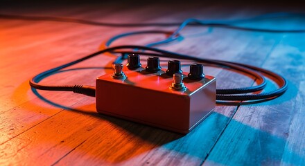 Guitar Effects Pedal on a Wooden Surface with Moody Lighting and Cables Around