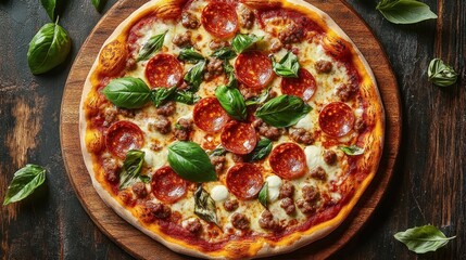 Freshly baked pizza topped with pepperoni slices, sausage pieces, melted cheese, and fresh basil leaves on a wooden serving board with scattered basil on a dark rustic wooden table