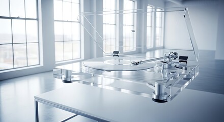 High-resolution studio shot of a transparent turntable showcasing audio equipment