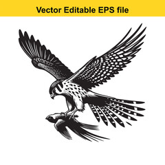 Obraz premium Illustration of a falcon catching prey in flight isolated on white background long horn, , long horn