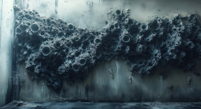 Close-up of a textured dark wall covered with heterogeneous porous formations resembling burnt or eroded material in a dim, industrial-like space evoking decay and abandonment