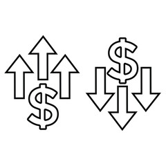 Dollar symbol with arrows showing financial growth and decline. Perfect for economy, finance, and investment concepts