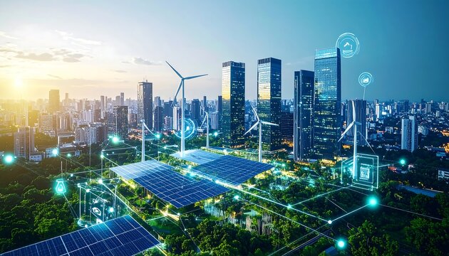 Sustainable city skyline with solar panels and wind turbines