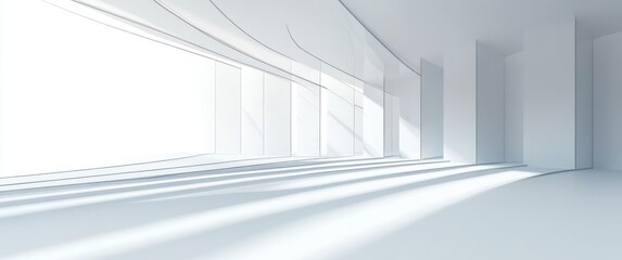 Obraz premium Bright and spacious empty modern room with large windows casting long shadows and clean white minimalist design