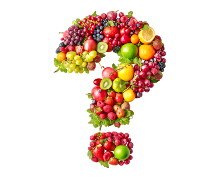 a question mark made from various fruits isolated on a transparent background