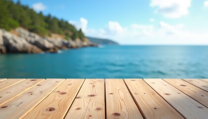Fototapeta premium Blurred tropical ocean view from wooden deck showcase stand