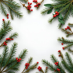 Christmas background with branches of fir tree, evergreens and holly with red berries on white. Winter nature concept. Flat lay, copy space.