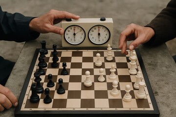 Two people playing a strategic game of chess with a timer