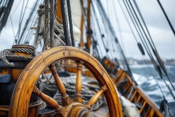 Close-up view of a wooden ship steering wheel on a sailing vessel with ropes, blurred sea and overcast sky in the background conveying a sense of adventure