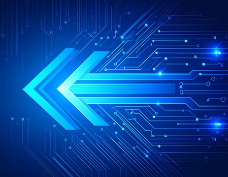 Futuristic circuit board with a bright blue arrow - Powered by Adobe