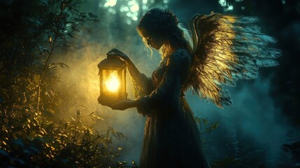 Silhouetted figure with glowing wings holding a lantern emitting warm light in a misty forest during twilight