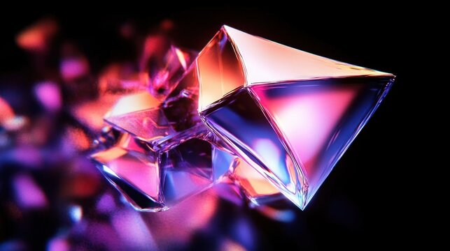 Close-up of transparent geometric crystalline shapes with glowing purple and orange light reflections on a dark background, evoking a futuristic and mysterious atmosphere - Powered by Adobe