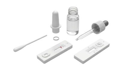 Medical Test Kit with Vial Dropper and Test Strip on Transparent Background in White for Healthcare Diagnostic Examination and Clinical Research
