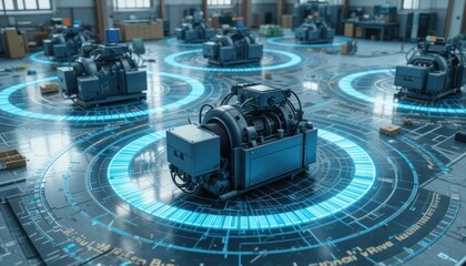 Futuristic Factory: Automated Machines & Digital Interface