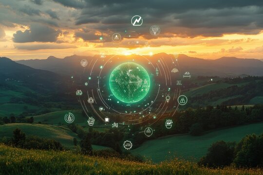 Glowing digital globe and technology icons floating above green rolling hills at sunset under a dramatic cloudy sky