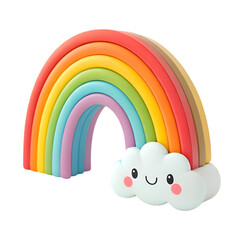 Easter bunny holding colorful Easter eggs under a rainbow in a bright spring sky