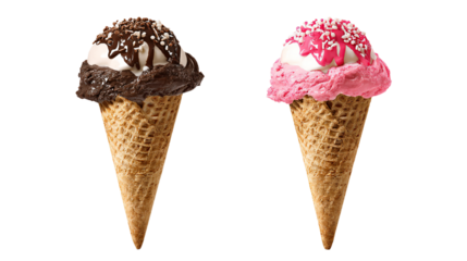 two ice cream cones with different toppings on them