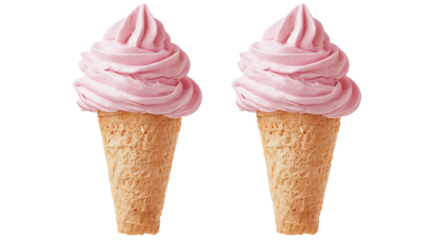 two ice cream cones with pink icing on them