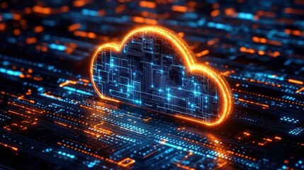 Glowing digital cloud icon surrounded by illuminated circuitry on a high-tech motherboard emitting blue and orange light representing data and cloud computing