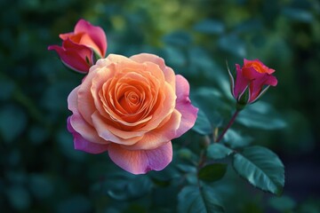 Close-up of a blooming peach and pink rose with two rosebuds against dark green foliage background in soft natural light