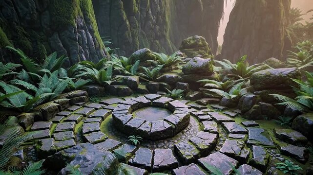 Cinematic Journey Through a Mysterious Jungle Canyon to Discover Ancient Mossy Stone Ruins