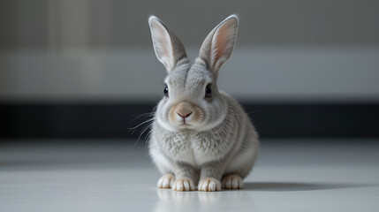 A tiny, gray rabbit sits atop a pristine white floor, gazing mournfully into the camera