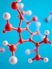 3d rendering of the chemical structure with molecules on blue background, macro view, close-up.