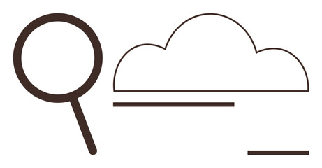 Magnifying glass exploring cloud with connecting lines and minimalist layout. Ideal for cloud computing, data analysis, technology, internet search, innovation, networking, and digital organization