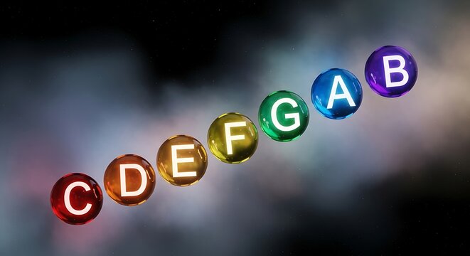 Musical scale concept with colorful bubbles and letters representing musical notes