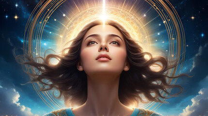 A young girl mystically gracefully rises into the sky, she is surrounded by magic circles, rays of the soul directed vertically upward fly out of her eyes and chest. 2D illustration.