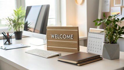 A 'welcome' sign on a desk symbolizes a friendly onboarding process in a modern office.