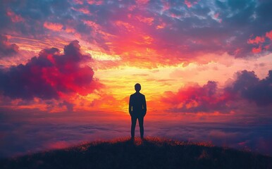 Obraz premium Silhouette of a person standing on a hilltop watching a vibrant and colorful sunset with dramatic clouds
