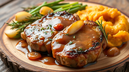 American style pork chops caramelized apples and mashed sweet potatoes on rustic wooden plate