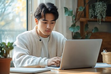 Fototapeta premium Person sitting indoors at a wooden table typing on a laptop near a window surrounded by houseplants and natural light
