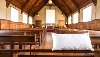 Wooden church interior with white pillow