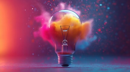 Close-up of a light bulb with vibrant colored powder explosions around it in a dark abstract background, symbolizing creativity and innovation