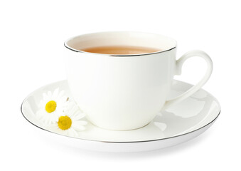 Aromatic tea in cup and chamomile flowers isolated on white