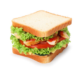 Yummy sandwich with ham, chicken meat and vegetables isolated on white