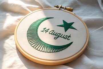 Hand-stitched embroidery hoop celebrating Pakistan's Independence Day with crescent moon and star design, 14 August