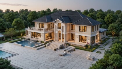 Luxury Mansion with Pool and Landscaped Grounds at Dusk